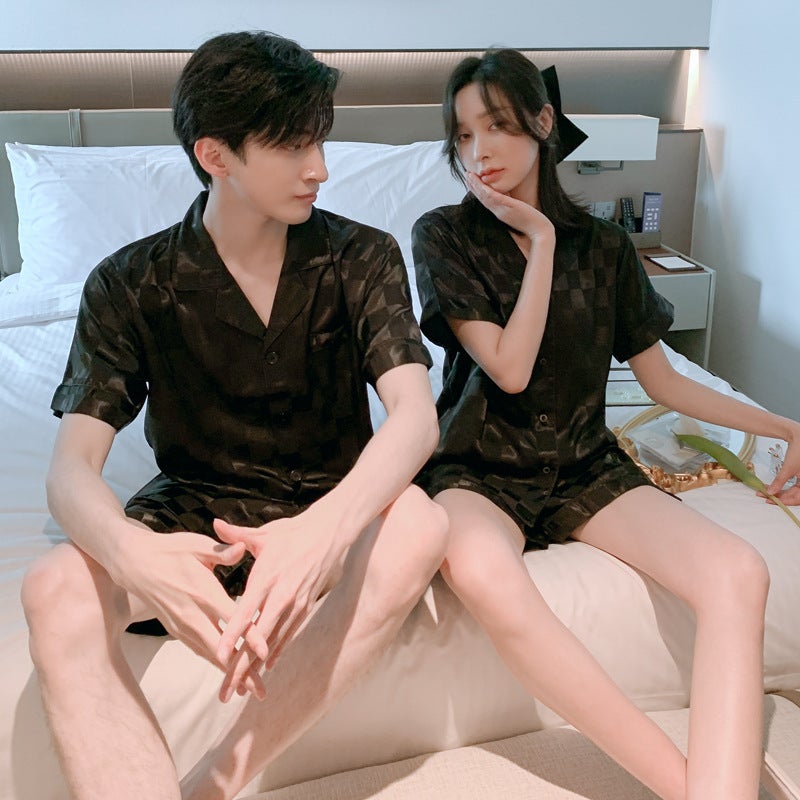 Plaid Couple Pajamas Men And Women Summer Ice Silk Short Sleeve Can Be Worn Outside 2023 Artificial Silk Plus Size Homewear Suit - Image 4