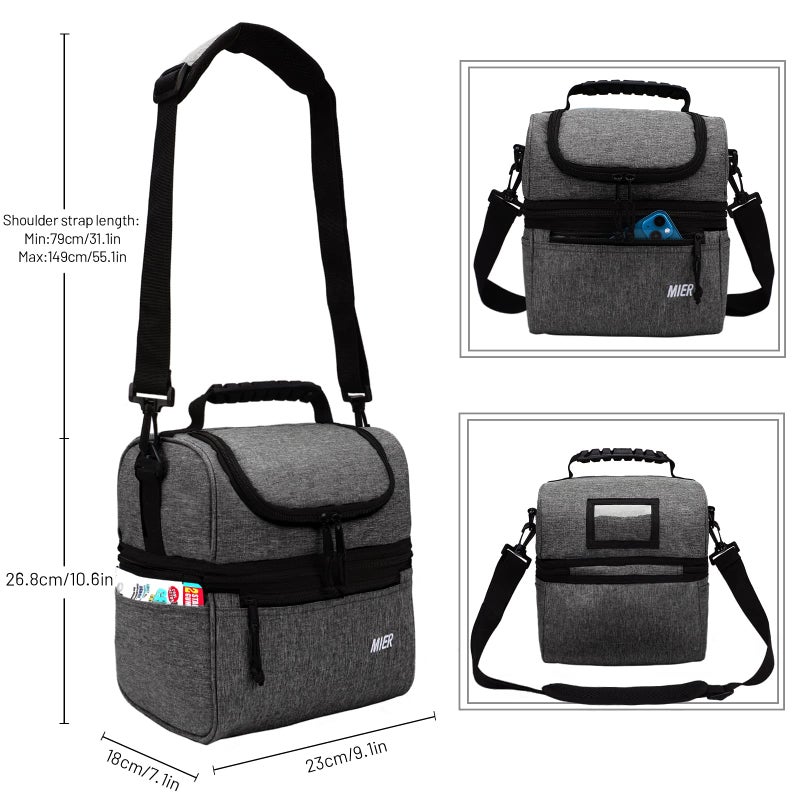 MIER 2 Compartment Lunch Bag for Men Women, Leakproof Insulated Cooler Bag for Work, Grey, Medium - Image 2