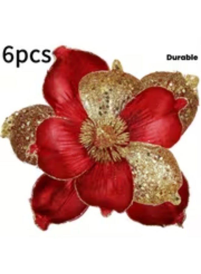 إيروريكس طقم 6 زهور ماجنوليا صناعية كبيرة لامعة – أحمر وذهبي لتزيين شجرة الكريسماس - Image 1
