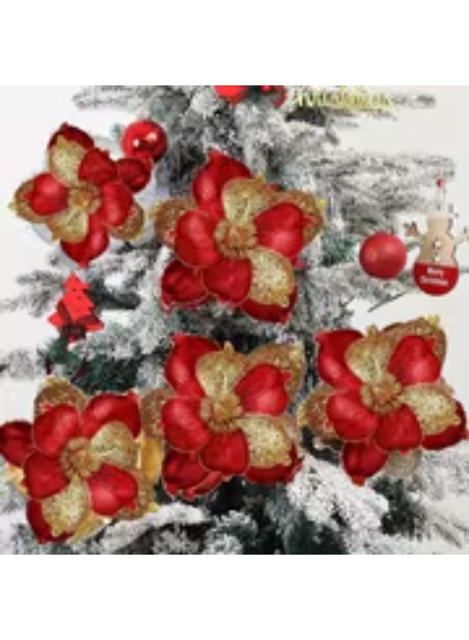 إيروريكس طقم 6 زهور ماجنوليا صناعية كبيرة لامعة – أحمر وذهبي لتزيين شجرة الكريسماس - Image 3