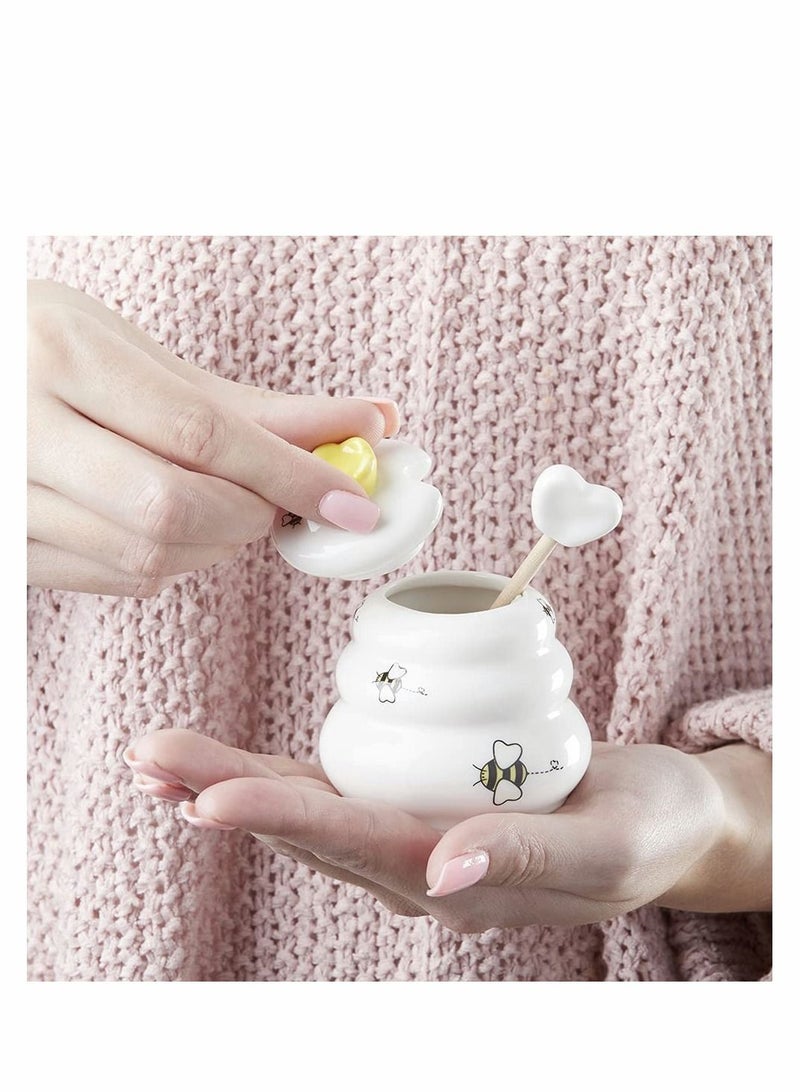 Ceramic Honey Pot, Ceramic Honey Jar with Lid and Wooden Dipper, Bee Honey Container for Home Kitchen, Cute Porcelain Honey Container Friend Family Gift for Storage Syrup, Honey, White - Image 5