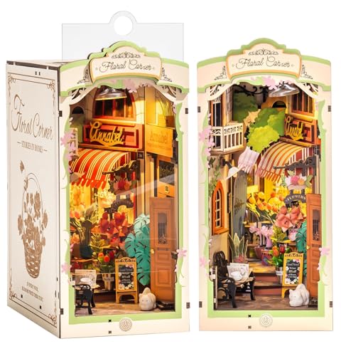 Rolife DIY Book Nook Kits for Adults, Miniature Dollhouse Booknook Kit for Home Room Decor, 3D Wooden Puzzle with LED, Flower Corner Creative Bookends Bookshelf Diorama Insert - Image 1