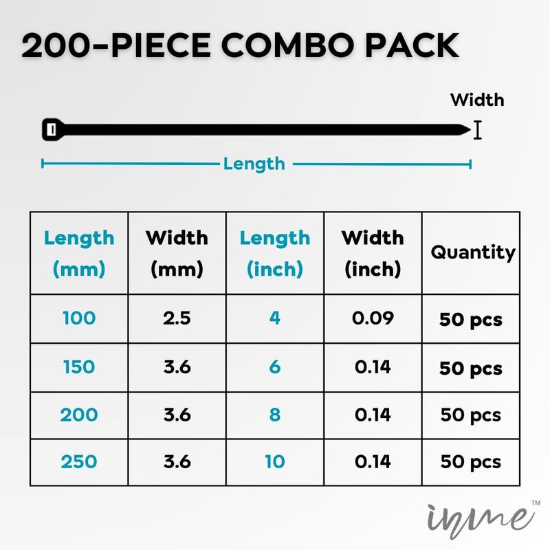 inme Inme 4 6 8 10 inch Heavy Duty Nylon Cable Ties Zip Wire Tie Organizer Self Locking Fastener with Dense Precise Teeth Combo 50 pcs each White  - Image 2