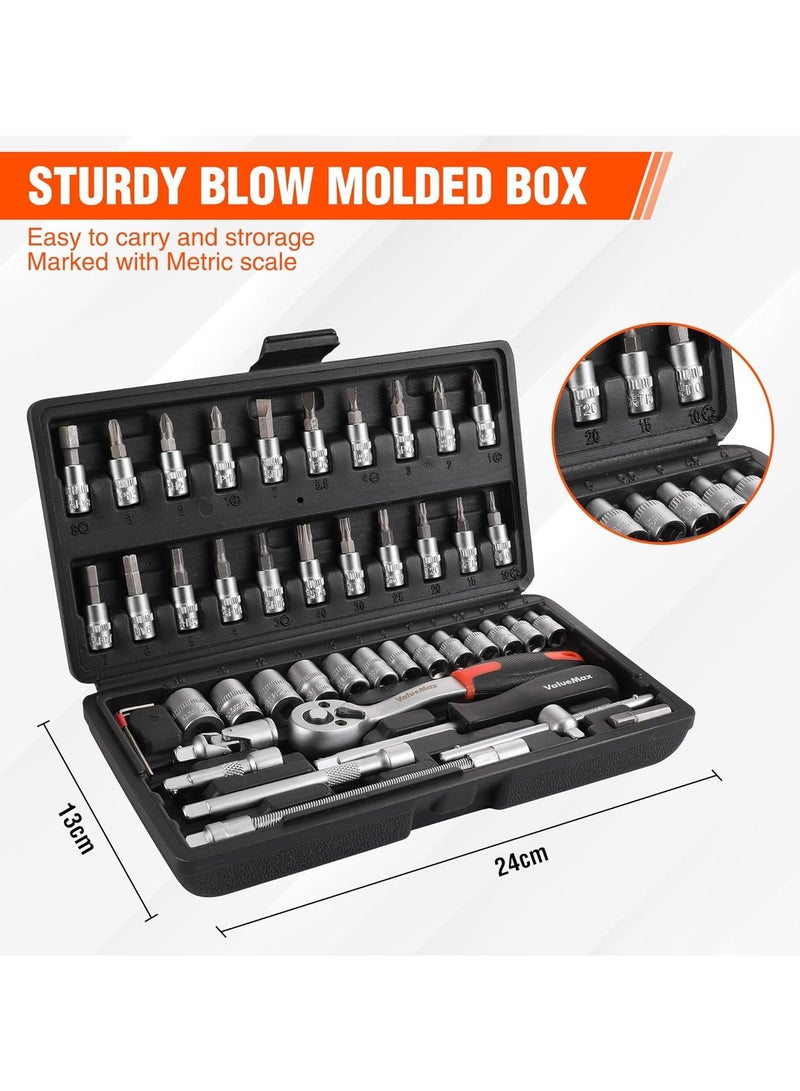 Valuemax 46-Piece Socket Wrench Set  1/4“ Socket Set  Cr-V Steel Ratchet Set  Mechanic Tool Kit, Car Repair Tools - Image 3