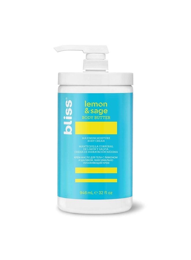 BLISS Body Butter - Lemon and Sage Body Butter - Maximum Moisture Cream - 32 Fl Oz - Body Lotion for Dry Skin - Long-Lasting Moisturizer for Women & Men - Vegan & Cruelty-Free - Image 1