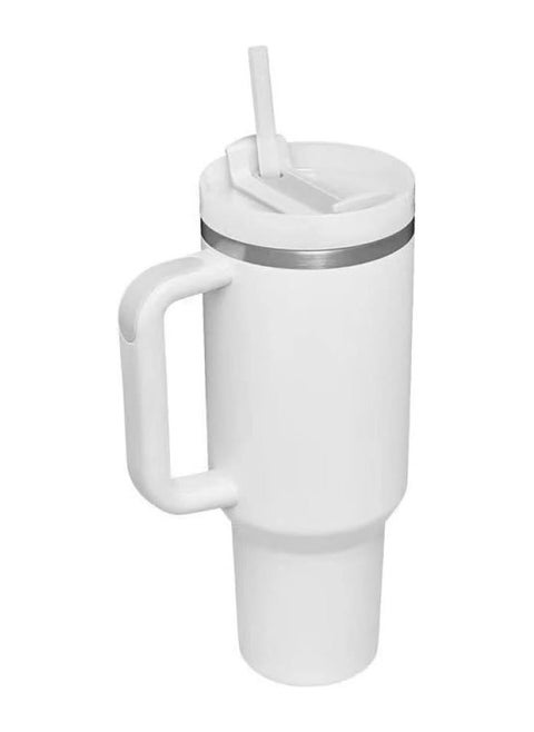 Thermal Mug with Handle and Straw, Stainless Steel Keeps Drinks Cold and Hot (White)