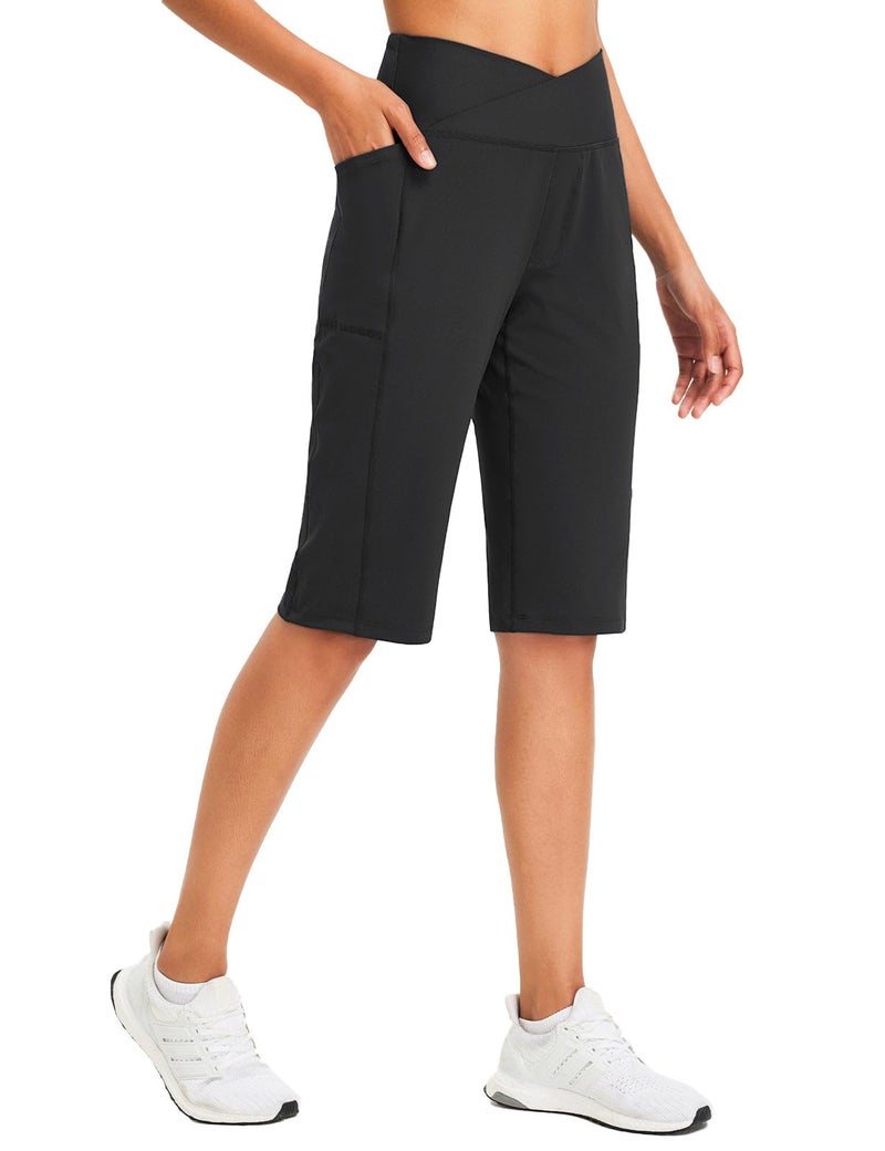 baleaf Women's Bermuda Long Shorts 14" Knee Length Capri Pants High Waisted Athletic Shorts with Pockets Summer Casual Black L - Image 1