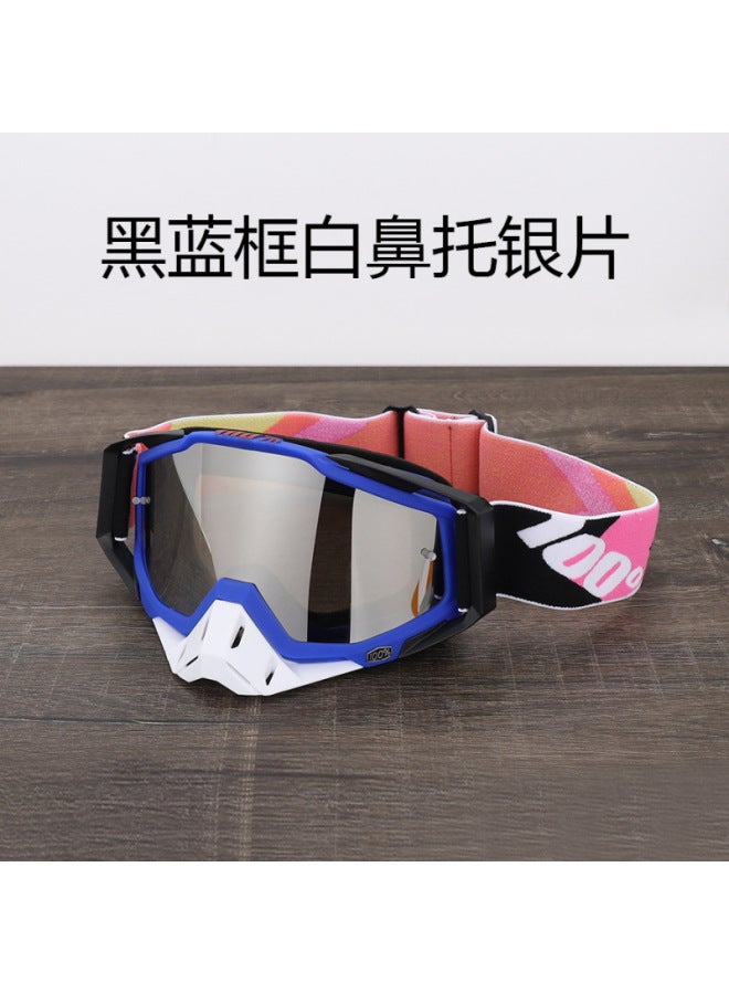 Sand-Proof Motocross Riding Goggles with Black and Blue Frame, White Nose Pads and Silver Accents