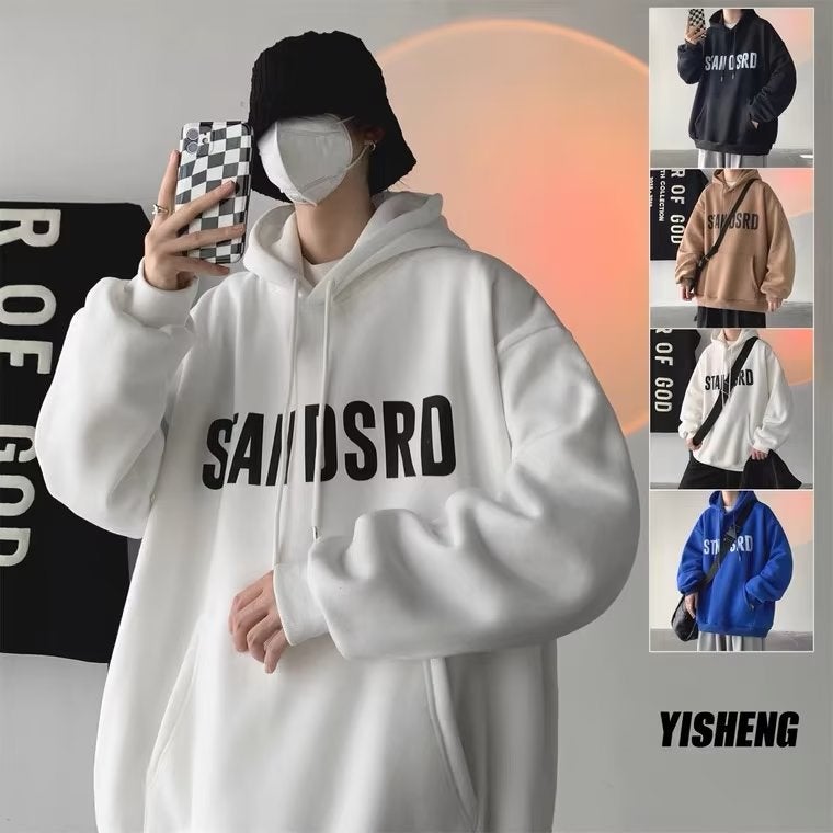 Fleece-lined hooded sweater mens trendy ins autumn and winter New Hong Kong style student coat oversize loose large size Black - Image 4