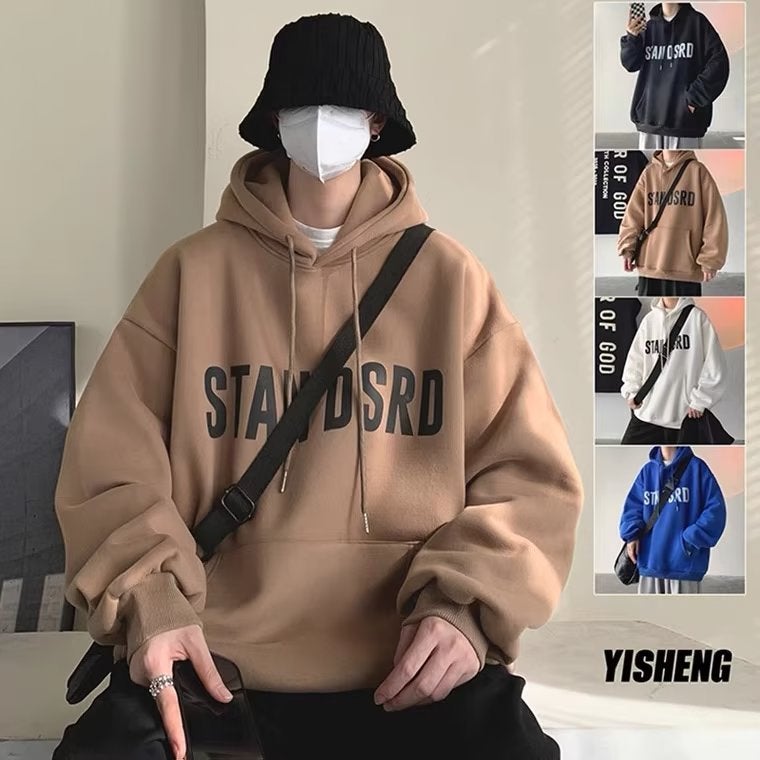 Fleece-lined hooded sweater mens trendy ins autumn and winter New Hong Kong style student coat oversize loose large size Black - Image 3