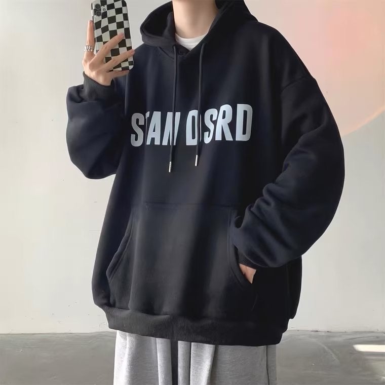 Fleece-lined hooded sweater mens trendy ins autumn and winter New Hong Kong style student coat oversize loose large size Black - Image 5