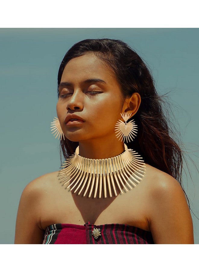 WAINIS African Collar Choker Necklace Earrings Bangle Set For Women Gold Statement Tooth Shape Tribal African Jewelry - Image 3