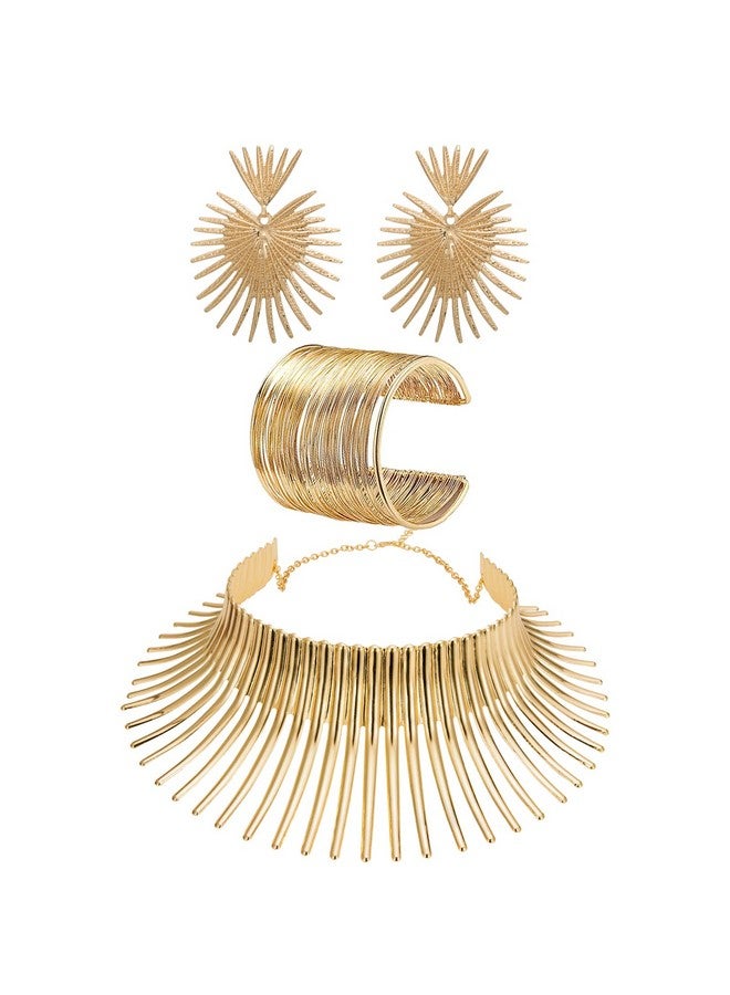 WAINIS African Collar Choker Necklace Earrings Bangle Set For Women Gold Statement Tooth Shape Tribal African Jewelry - Image 1