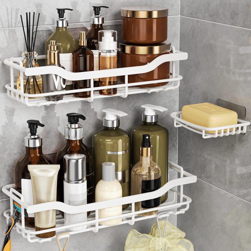OMAIRA 3Pack Shower Caddy with Soap Holder Adhesive Rustproof Nodrill Strudy Loading Inside Shower Organizer Shelves Rack Storage Bathroom Organization for Smooth Wall Glass Tile White XLarge