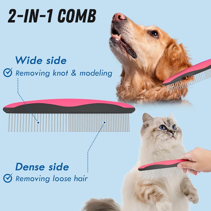 Docrok Pet Grooming Brush and Metal Comb Combo, Cat Brush Dog Brush for Shedding, Undercoat Rake for Dogs Grooming, Dematting Deshedding Brush Dogs Shedding Tool for Long matted Haired Pets, Pink - Image 3