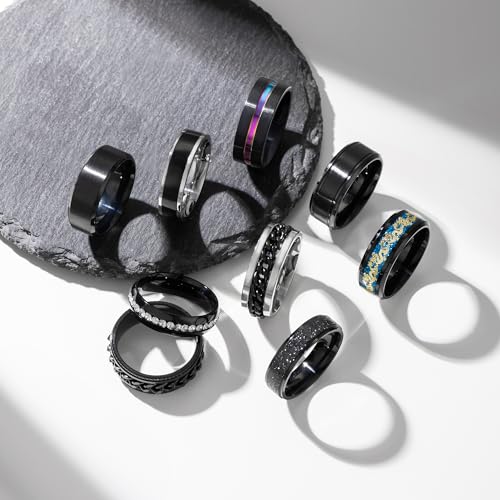 EIELO 9Pcs Stainless Steel Band Rings for Men Women Cool Fidget Spinning Chain Ring Anxiety Relief Fashion Simple Wedding Engagement Black Ring Set Size8 - Image 3