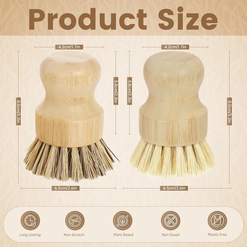 DEBETOOL 2-Pack Bamboo Dish Brush – Natural Dish Scrub Brush with Sisal & Palm Bristles for Non-Stick Pans, Pots, Vegetables, and Kitchen Cleaning - Image 2