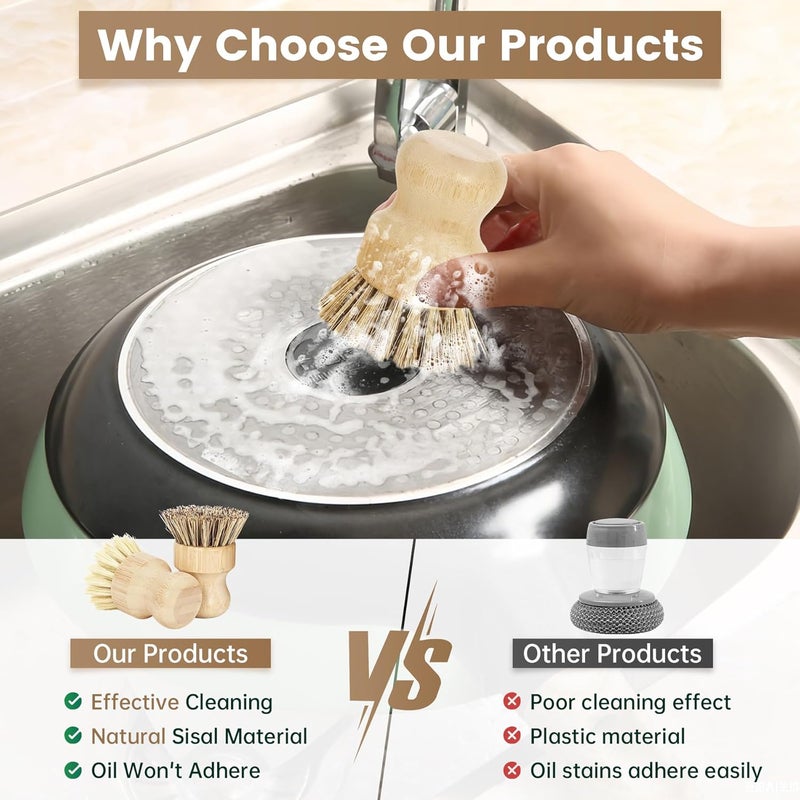 DEBETOOL 2-Pack Bamboo Dish Brush – Natural Dish Scrub Brush with Sisal & Palm Bristles for Non-Stick Pans, Pots, Vegetables, and Kitchen Cleaning - Image 3