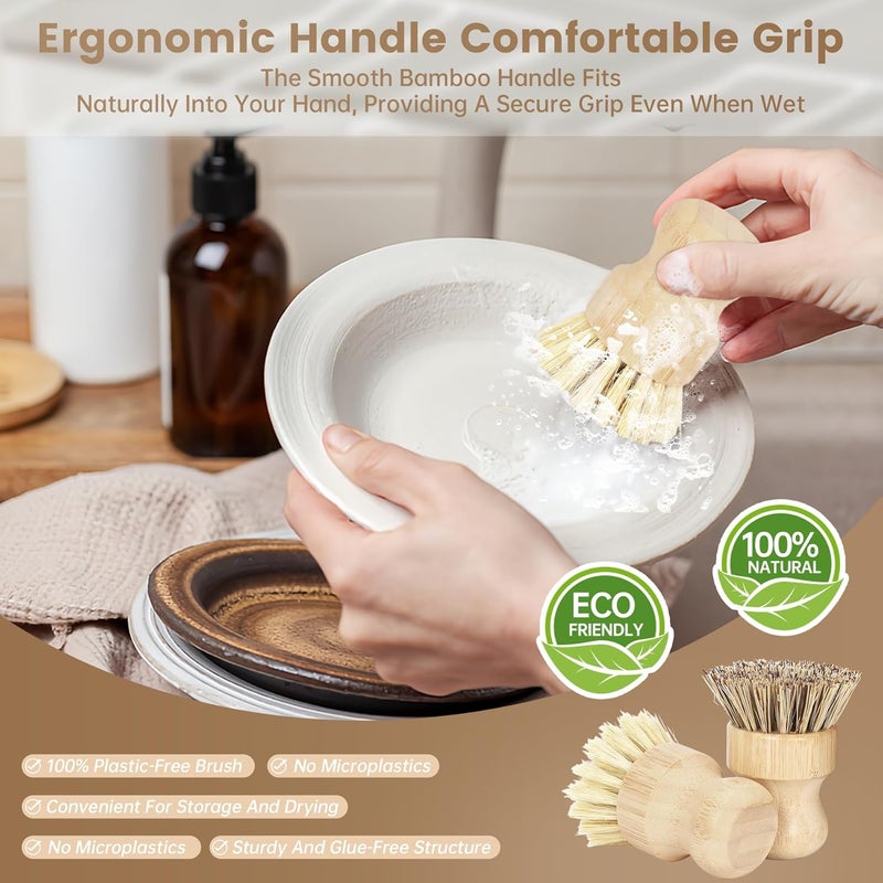 DEBETOOL 2-Pack Bamboo Dish Brush – Natural Dish Scrub Brush with Sisal & Palm Bristles for Non-Stick Pans, Pots, Vegetables, and Kitchen Cleaning - Image 4