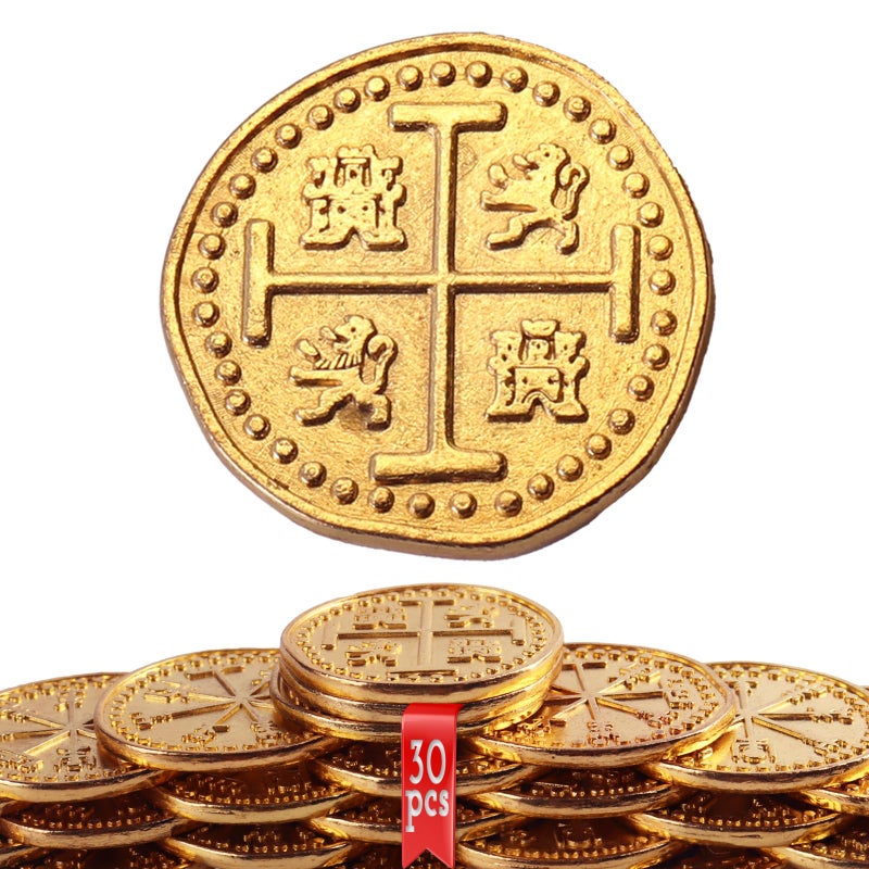 Byhoo Metal Pirate Coins 30 Gold Treasure Coins Set Metal Replica Spanish Doubloons Pirate Treasure Chest Fake Coins Tokens Realistic Money Imitation for Cosplay Toys Board Games - Image 3
