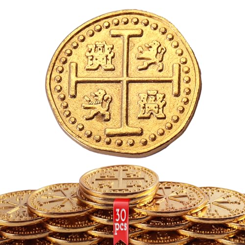 Byhoo Metal Pirate Coins 30 Gold Treasure Coins Set Metal Replica Spanish Doubloons Pirate Treasure Chest Fake Coins Tokens Realistic Money Imitation for Cosplay Toys Board Games - Image 1
