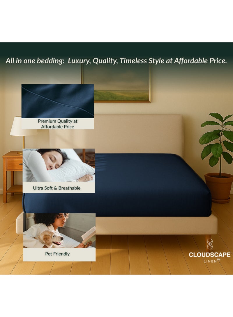 كلاود سكيب لينين Cloud Scape Linen 600 Thread Count Egyptian Cotton Fitted Sheet ( Super King, Dark Denim) - Image 4