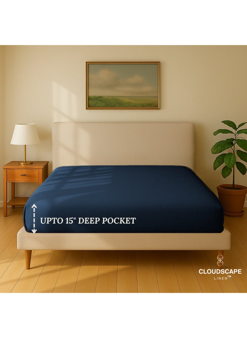 كلاود سكيب لينين Cloud Scape Linen 600 Thread Count Egyptian Cotton Fitted Sheet ( Super King, Dark Denim) - Image 2