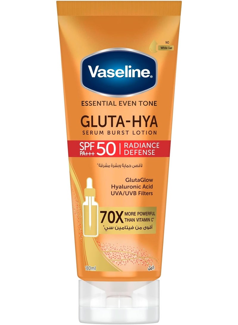 Vaseline Gluta-Hya Serum Burst Lotion, Radiance Defense, SPF 50 PA+++, with GlutaGlow Technology, Hyaluronic Acid and UVA/UVB Filters, 70x More Powerful than Vitamin C, 180ml - Image 1