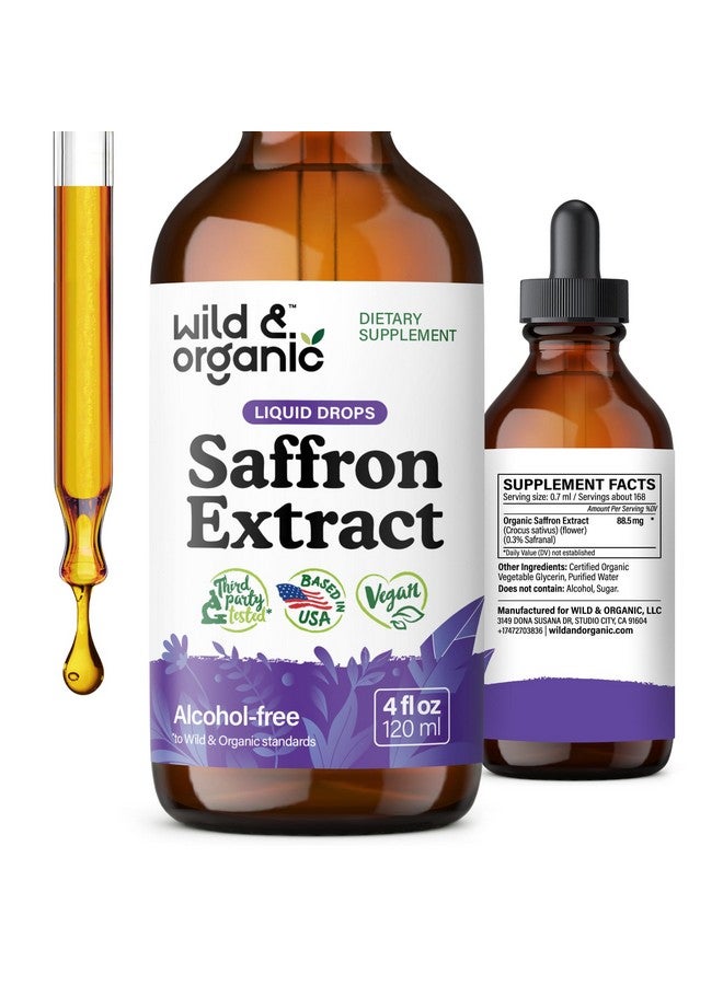 Wild & Organic Wild & Organic Saffron Tincture - 88.5 mg Saffron Extract Drops for Mood, Focus, Eye Support - Crocus Sativus Liquid Extract - Vegan, Alcohol & Sugar-Free Supplement - 4 fl oz  - Image 1