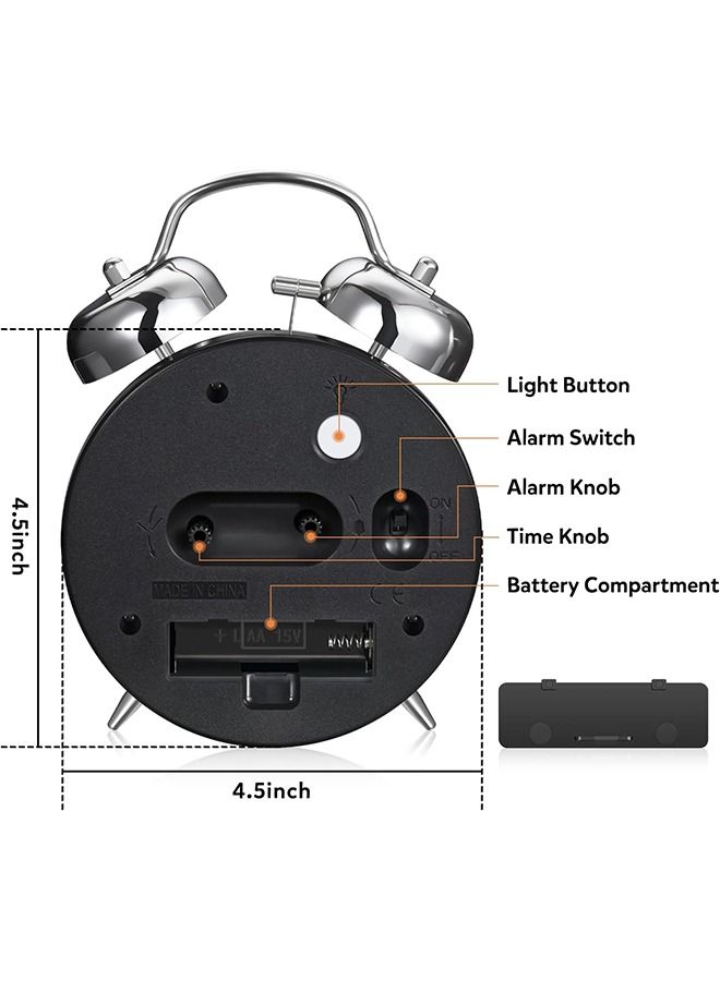 هومستر المنبه بصوت عال للبالغين الذين ينامون بكثرة ، كوارتز صامت غير موقوتة 4 بوصة مع إضاءة خلفية ساعات منبه أطفال تناظرية مزدوجة الجرس لغرف النوم بجانب السرير (أسود) - Image 4