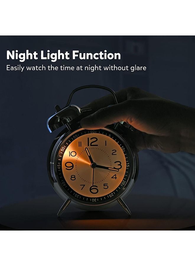 هومستر المنبه بصوت عال للبالغين الذين ينامون بكثرة ، كوارتز صامت غير موقوتة 4 بوصة مع إضاءة خلفية ساعات منبه أطفال تناظرية مزدوجة الجرس لغرف النوم بجانب السرير (أسود) - Image 3