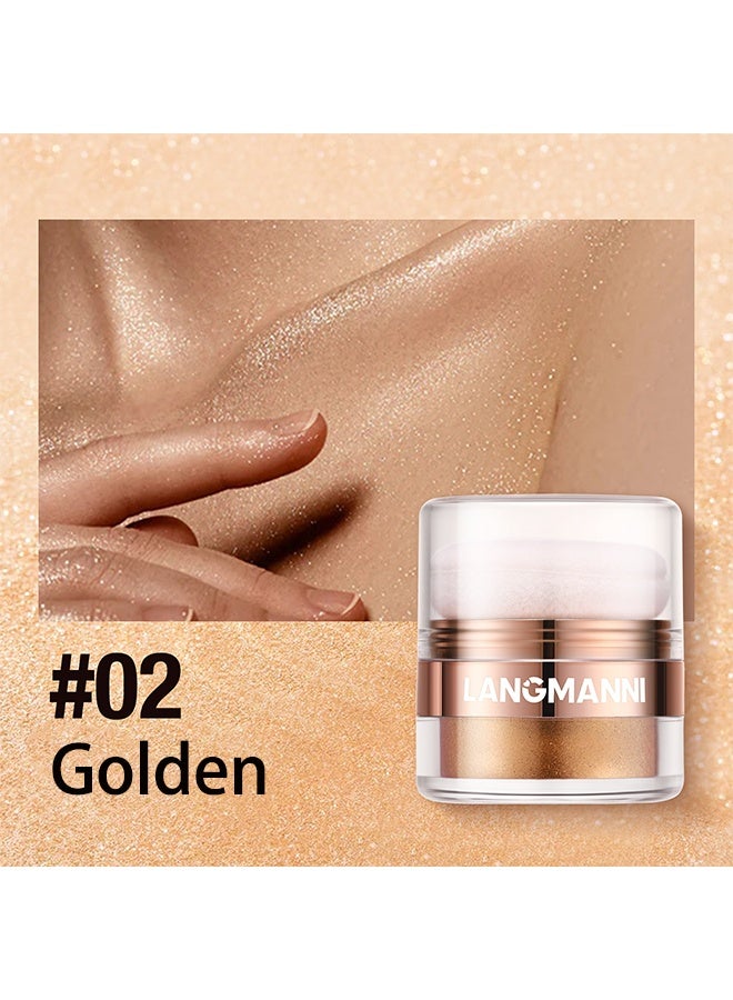 LANGMANNI Instant Retouch Highlight Powder, Glitter Body Highlighter Powder Body Shimmer Sparkle Face Highlighter Powder for Face Eyes Body Glow Makeup With sponge head（#02 Golden） - Image 2