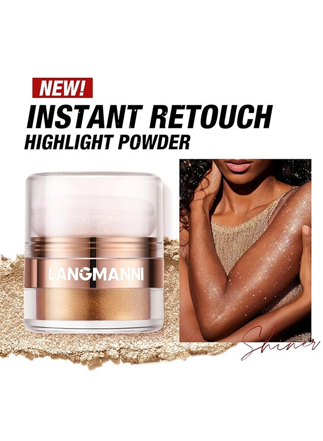 LANGMANNI Instant Retouch Highlight Powder, Glitter Body Highlighter Powder Body Shimmer Sparkle Face Highlighter Powder for Face Eyes Body Glow Makeup With sponge head（#02 Golden） - Image 3