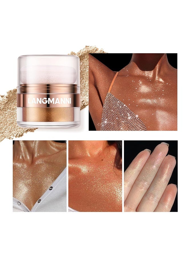 LANGMANNI Instant Retouch Highlight Powder, Glitter Body Highlighter Powder Body Shimmer Sparkle Face Highlighter Powder for Face Eyes Body Glow Makeup With sponge head（#02 Golden） - Image 4