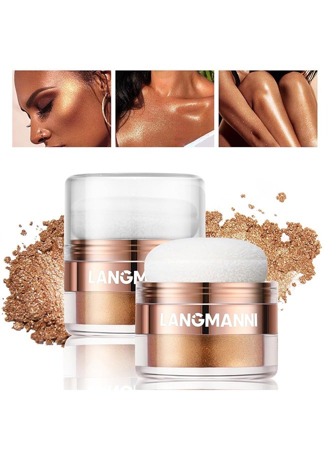 LANGMANNI Instant Retouch Highlight Powder, Glitter Body Highlighter Powder Body Shimmer Sparkle Face Highlighter Powder for Face Eyes Body Glow Makeup With sponge head（#02 Golden） - Image 1