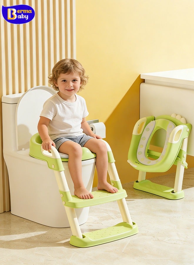 Berma Baby مقعد تدريب على استخدام المرحاض شبه منحرف - مقعد تدريب على استخدام المرحاض قابل للطي مع حصيرة مانعة للانزلاق، وإمكانية تعديل الارتفاع، ومقعد ناعم ومريح (ديناصور أخضر). - Image 1