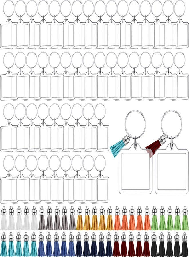 Inbagi 100 Sets Acrylic Photo Frame Keychain with Tassels Charms, Photo Insert Acrylic Keychain Blanks Clear Picture Frame Keyrings Acrylic Blank Keyring for DIY Crafting Projects (Square) - Image 1