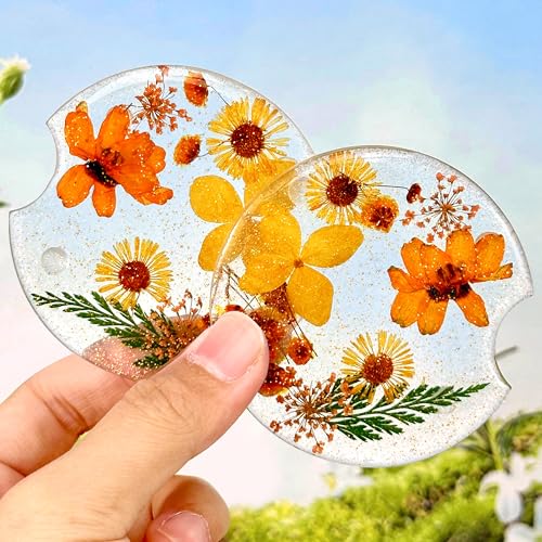 Swooflia Flower Car Cup Holder Coasters for Women 275 Inch Cute Resin Clear Automotive Drink Cupholder Insert Car Accessories 2 Pack Orange Yellow - Image 1