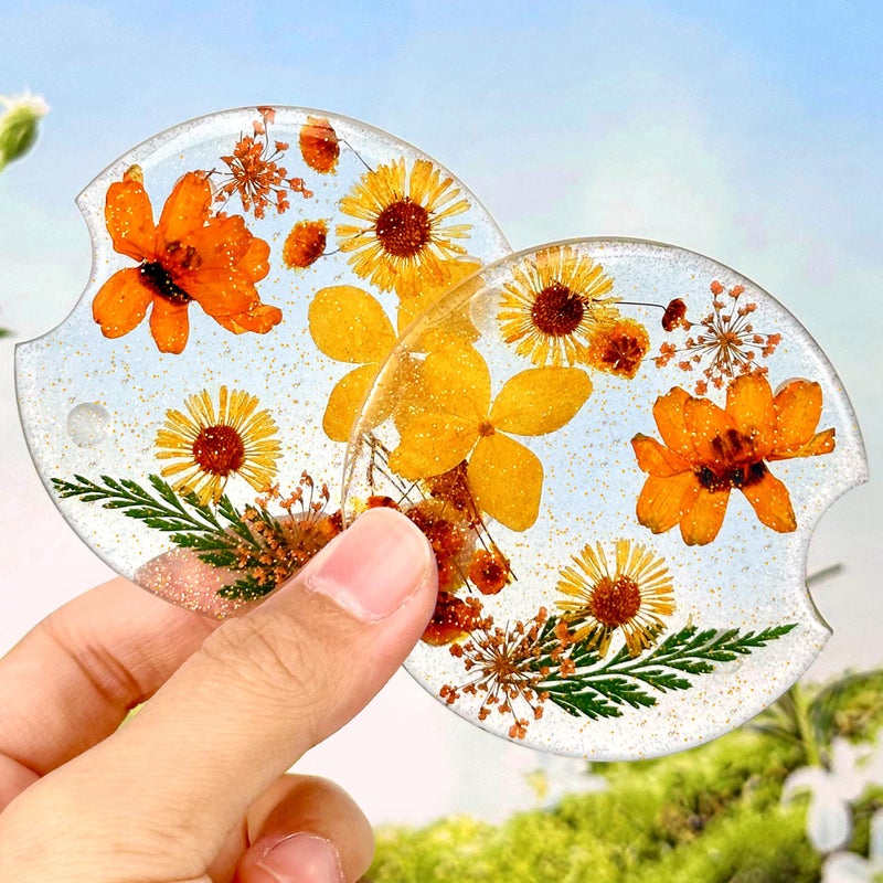 Swooflia Flower Car Cup Holder Coasters for Women 275 Inch Cute Resin Clear Automotive Drink Cupholder Insert Car Accessories 2 Pack Orange Yellow - Image 3