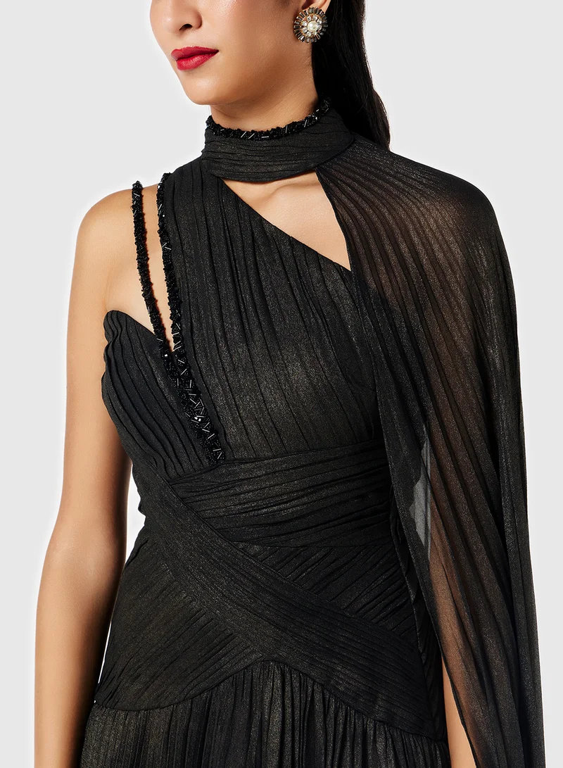 Threadz by Ajooni Asymmetric Neck Metallic Cape Dress