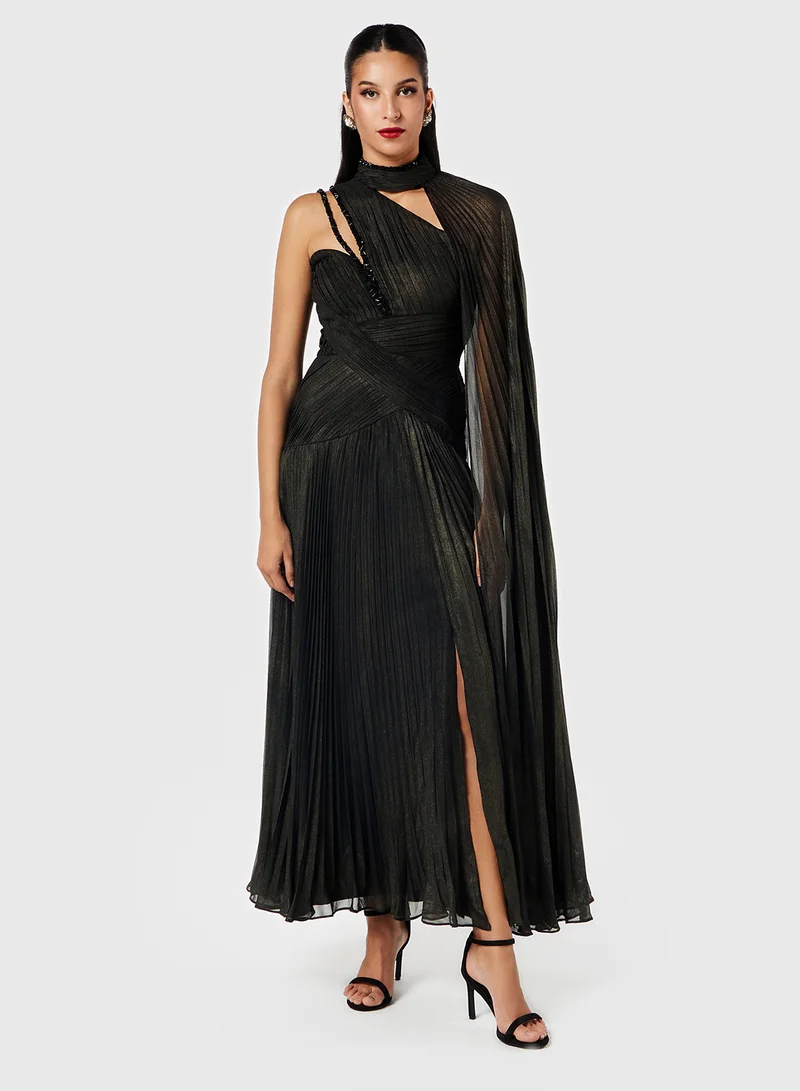 Threadz by Ajooni Asymmetric Neck Metallic Cape Dress