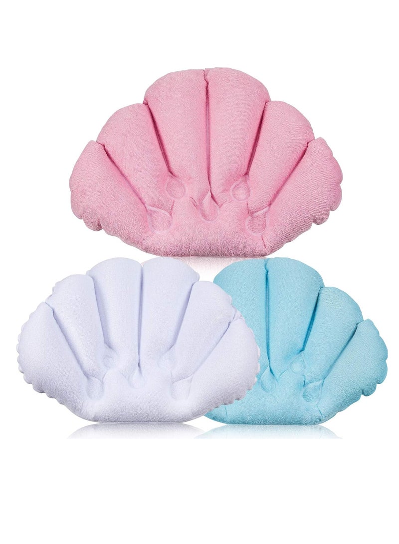 Jetec 3 Pieces Inflatable Bath Pillow with Suction Cups, Terry Cloth Covered Bath Pillow Shell Shape Bathtub Spa Pillow Comfortable Soft Bath Cushion, Neck Support for Bathtub, Hot Tub (Pink, Green, White)  - Image 1