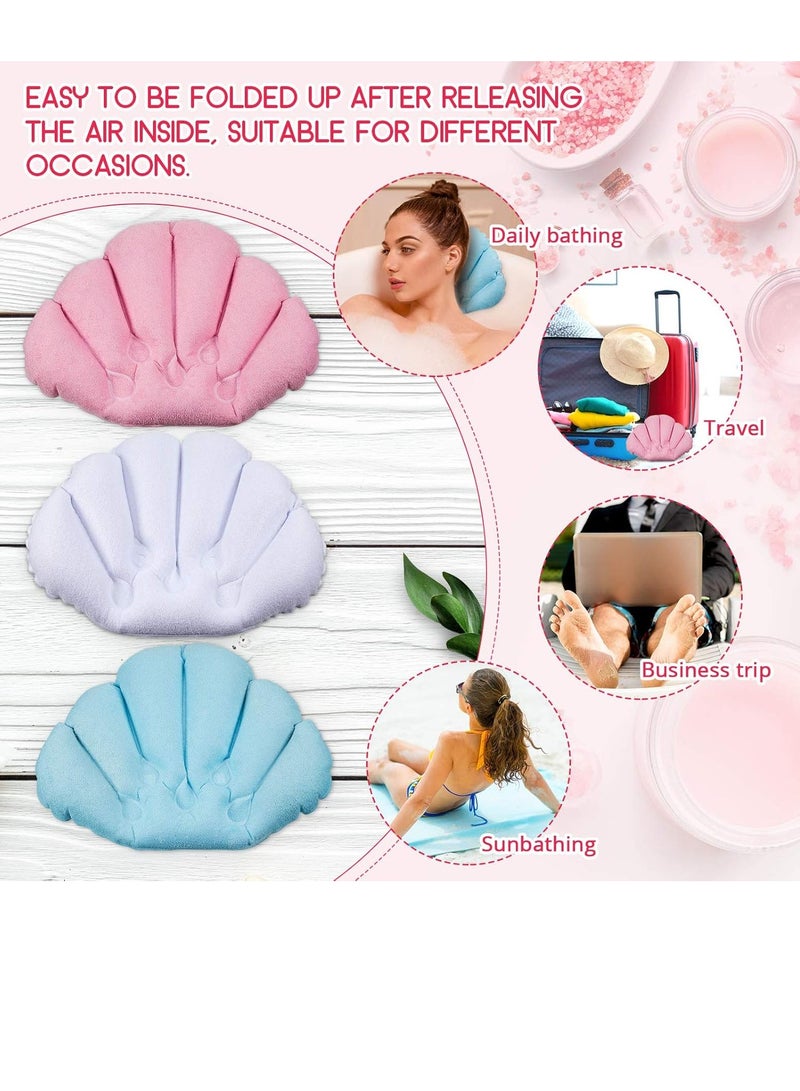 Jetec 3 Pieces Inflatable Bath Pillow with Suction Cups, Terry Cloth Covered Bath Pillow Shell Shape Bathtub Spa Pillow Comfortable Soft Bath Cushion, Neck Support for Bathtub, Hot Tub (Pink, Green, White)  - Image 2
