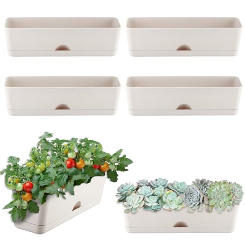KvyusFlourish 6 Pack Rectangle Planter 16x4.4 Inch Window Boxes Planters Rectangular Large Window Sill Planters Indoor Self Watering Plant Pots with Drainage Holes and Saucers Succulent Herb Flower Pots, Light Grey - Image 1