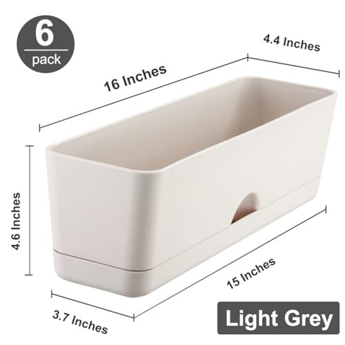 KvyusFlourish 6 Pack Rectangle Planter 16x4.4 Inch Window Boxes Planters Rectangular Large Window Sill Planters Indoor Self Watering Plant Pots with Drainage Holes and Saucers Succulent Herb Flower Pots, Light Grey - Image 5