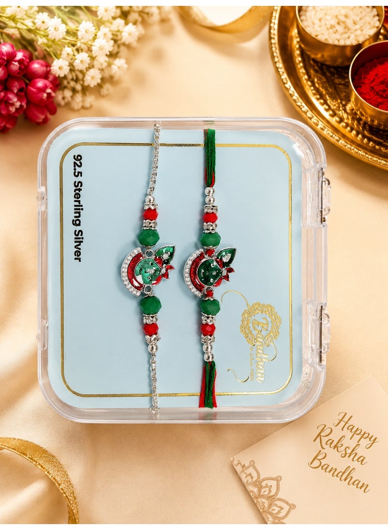 Premium 92.5 Sterling Silver Designer Bhaiya Bhabhi Rakhi Set with Decorative Gift Box | Couple Rakhi for Raksha Bandhan