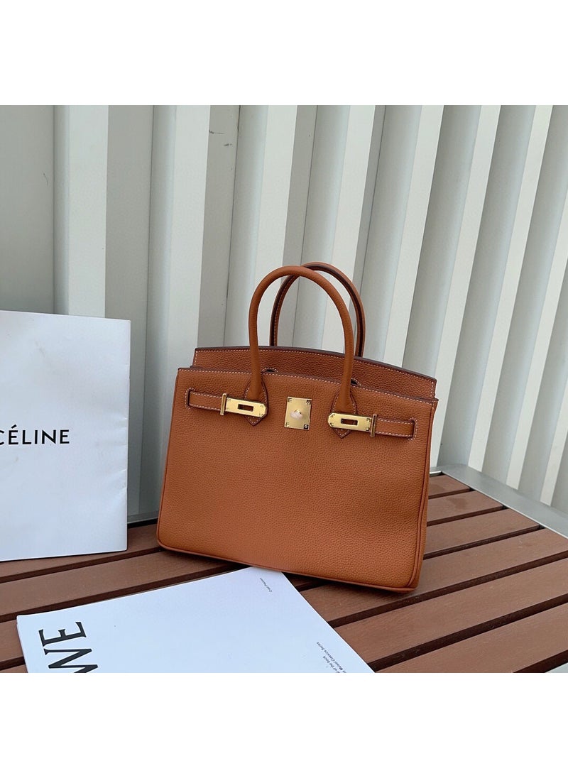 Generic - Genuine Leather Lychee Pattern Kelly Bag for Women Brown - Image 1