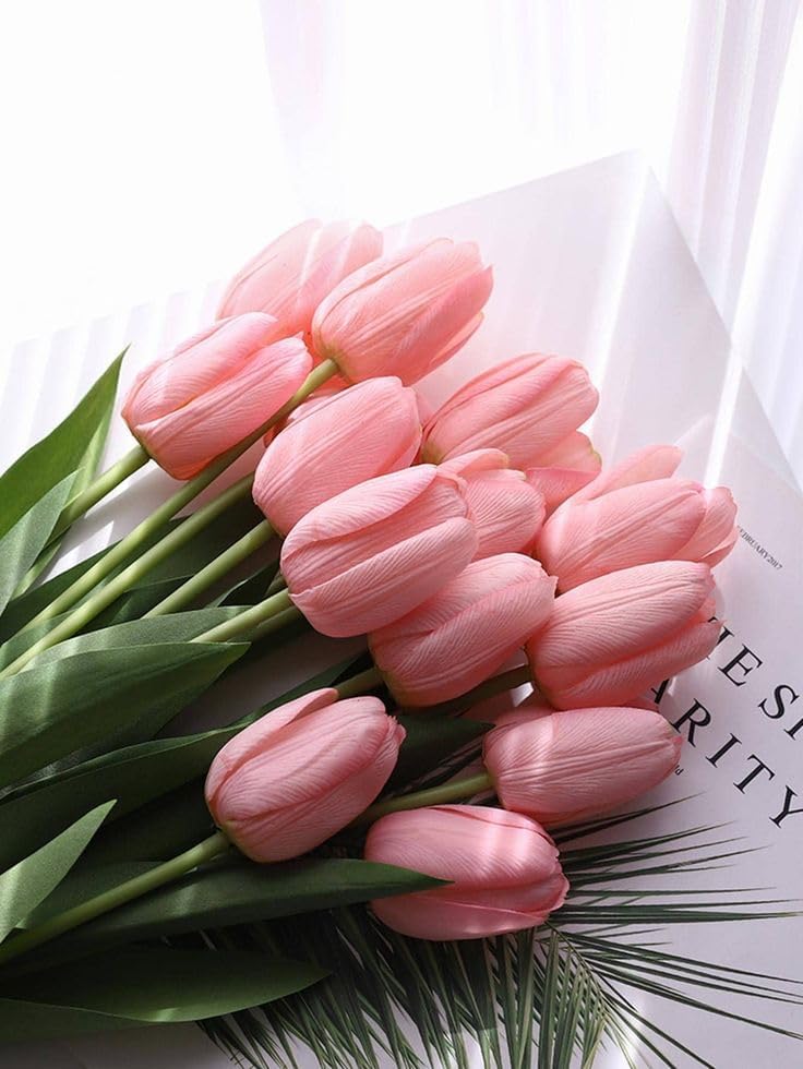 PAPERI Peperi 5 Pcs Artificial Tulip Flowers Bunches for Vase, Home Decoration Items, Table Top, Bedroom, Office, Living Room Corner, Wedding, Party Decorative Gift Set (Without Vase) (Pink) - Image 5
