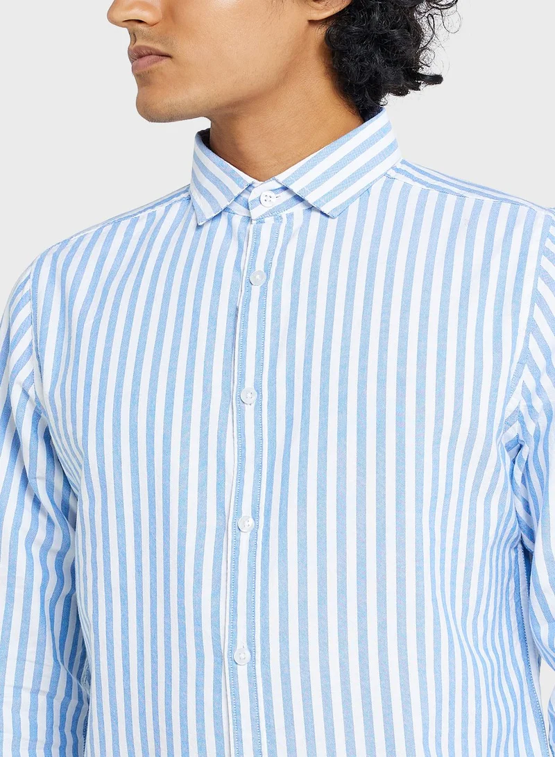 Seventy Five Blue Classic Slim Fit Striped Pure Cotton Casual Shirt