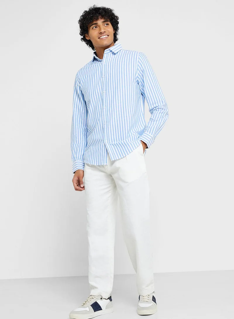 Seventy Five Blue Classic Slim Fit Striped Pure Cotton Casual Shirt